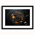 Extra large abstract art print featuring colorful, textured fruits, in a black frame, ideal for living room decor.
