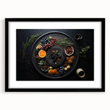 Extra large abstract art print featuring colorful, textured fruits, in a black frame, ideal for living room decor.