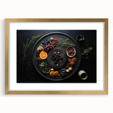 Extra large abstract art print featuring textured fruits in vibrant colors, framed in gold, ideal for living room decor.