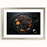 Textured abstract art print featuring assorted fruits in vibrant colors on a framed canvas, ideal for modern kitchen decor.