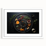 Abstract art print of assorted fruits in vibrant colors, framed with a white mat, suitable for dining room decor.