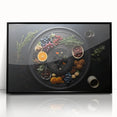 Large abstract wall art featuring assorted fruits in bold colors on a black acrylic framed print.