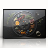 Large abstract wall art featuring assorted fruits in bold colors on a black acrylic framed print.