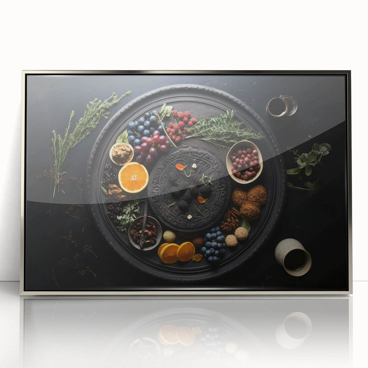 Mid-century modernist art depicting assorted fruits in vibrant colors on a silver-framed acrylic print.