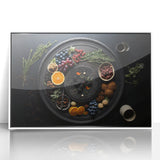 Art deco poster of assorted fruits in vibrant colors on a white acrylic framed print, suitable for modern nursery decor.