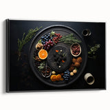 Black and white framed canvas featuring a vintage poster-style array of fruits, ideal for bedroom wall art.