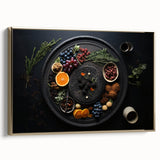 Framed canvas featuring vintage poster art of various fruits in black, ideal for bedroom wall art.