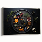 Landscape art painting of colorful fruits on a black background, framed in silver, ideal for kitchen wall decor.