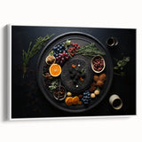 Vintage poster art of colorful fruits on a large framed canvas, ideal for living room decor.