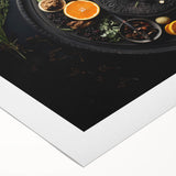 Art deco poster featuring an assortment of vibrant fruits on a rolled canvas, ideal for dining room decor.