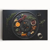 Black and white large art print of assorted fruits on stretched canvas, ideal for kitchen wall art.