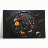Large black and white canvas depicting assorted fruits, ideal for kitchen wall art.