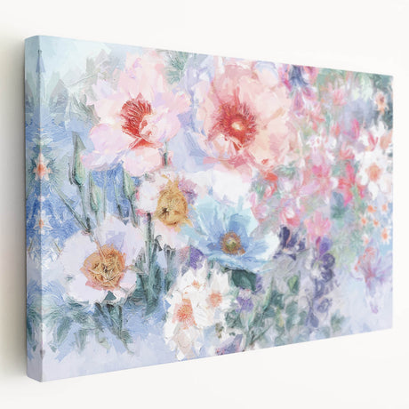Abstract floral design stretched canvas artwork showcasing vibrant colors and intricate patterns, viewed from the side. Perfect for modern home decor enhancement.