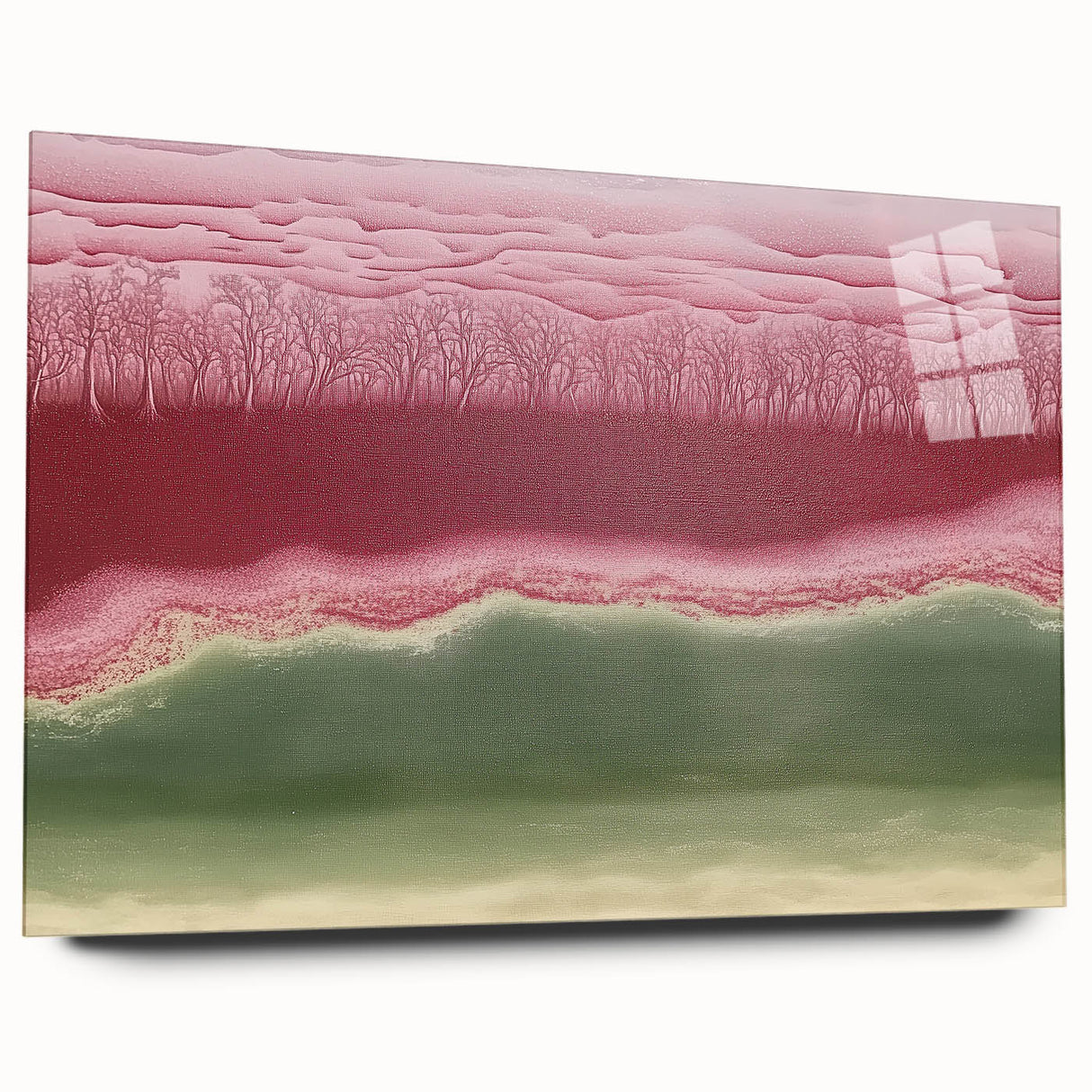 Abstract landscape artwork displayed on acrylic glass, showcasing vibrant colors and fluid shapes. The side view highlights its sleek design and modern aesthetic, perfect for contemporary decor.