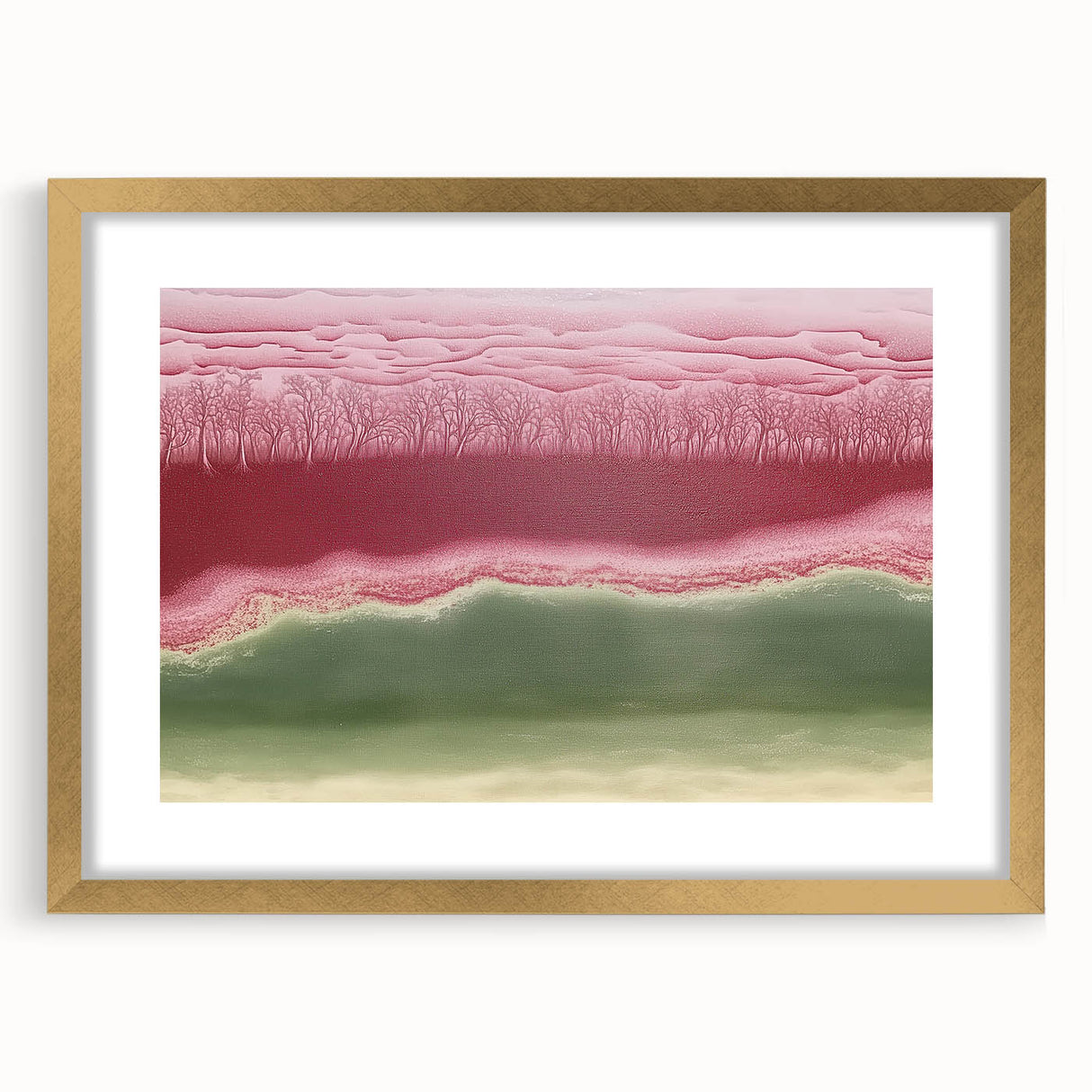 Abstract landscape artwork framed in gold with a mat, showcasing vibrant colors and intricate details. Ideal for enhancing modern home decor or office spaces.