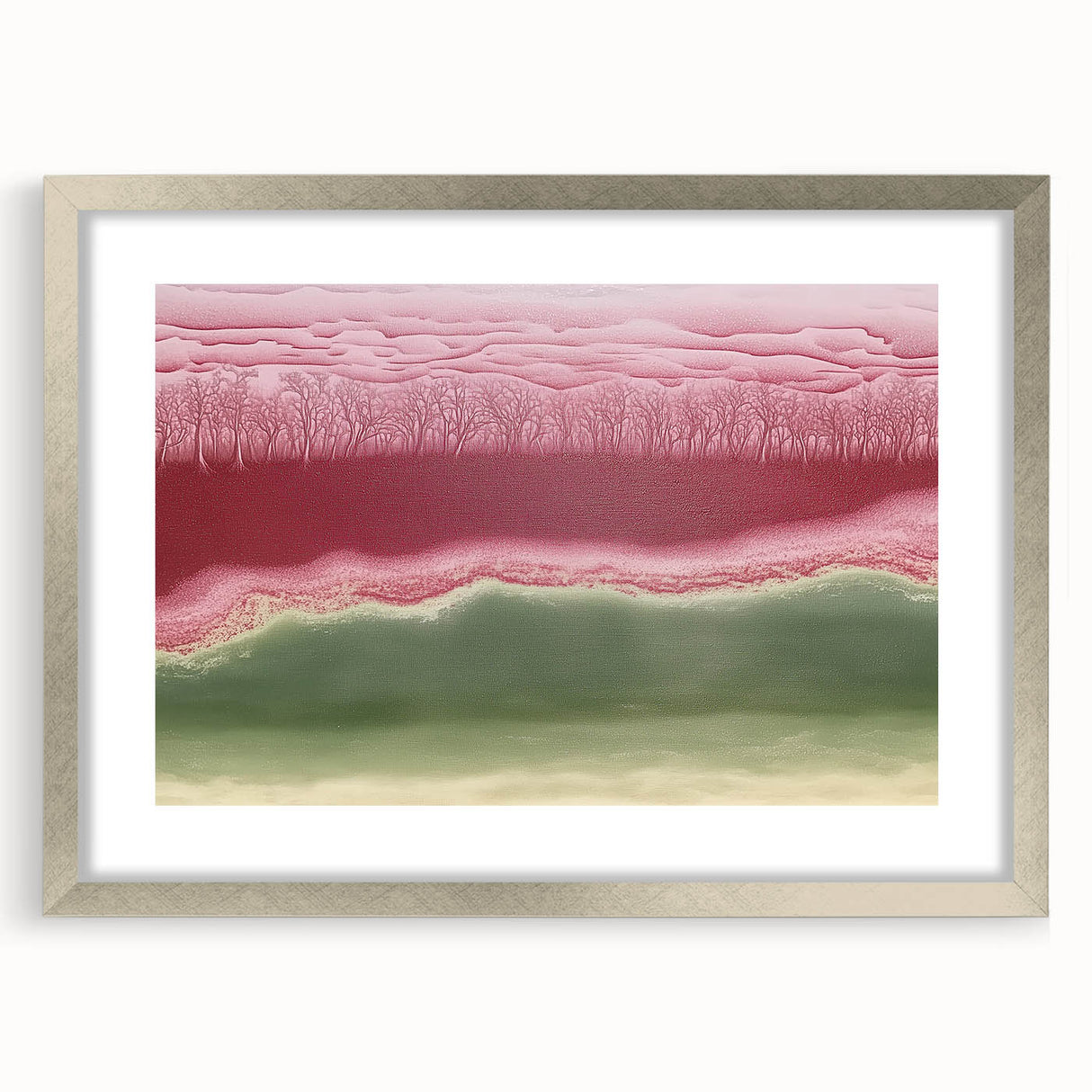 Abstract landscape frame with a silver mat, showcasing a serene mountain view and soft pastel colors, ideal for modern home decor and art enthusiasts.