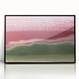 Framed acrylic artwork showcasing an abstract landscape design with vibrant colors and bold brush strokes, set against a sleek black frame for modern decor.