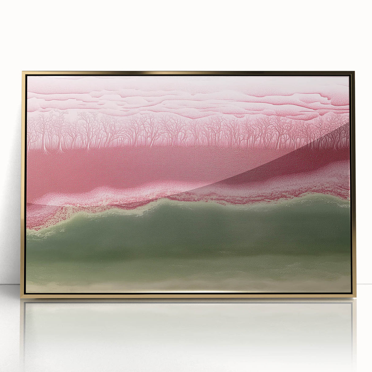 Framed abstract landscape artwork featuring vibrant gold tones and intricate textures, perfect for modern home decor or office spaces, adding elegance and sophistication.