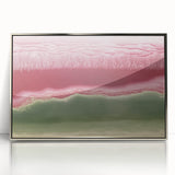 Abstract landscape artwork framed in silver acrylic, showcasing vibrant colors and fluid patterns, perfect for modern home decor and artistic expression.