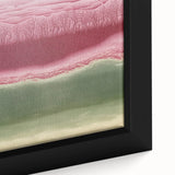 Close-up of a framed abstract landscape canvas art piece showcasing vibrant colors of blue, green, and gold, perfect for modern home decor.