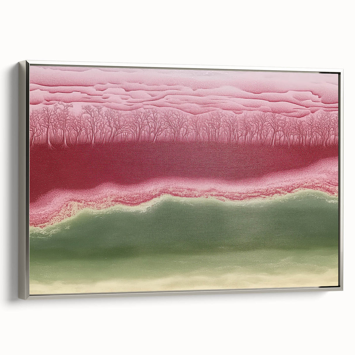 Framed abstract landscape canvas art with silver edges, showcasing vibrant colors and intricate patterns, perfect for modern home decor or office spaces.
