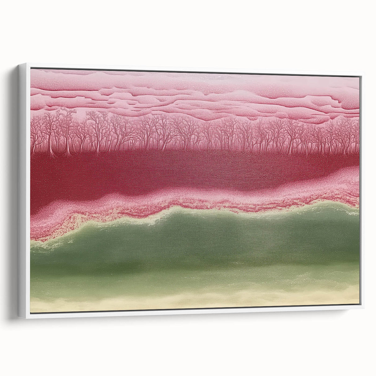 Framed abstract landscape canvas art displaying a serene blend of soft blues and greens, showcasing a modern aesthetic. Ideal for enhancing contemporary home decor.