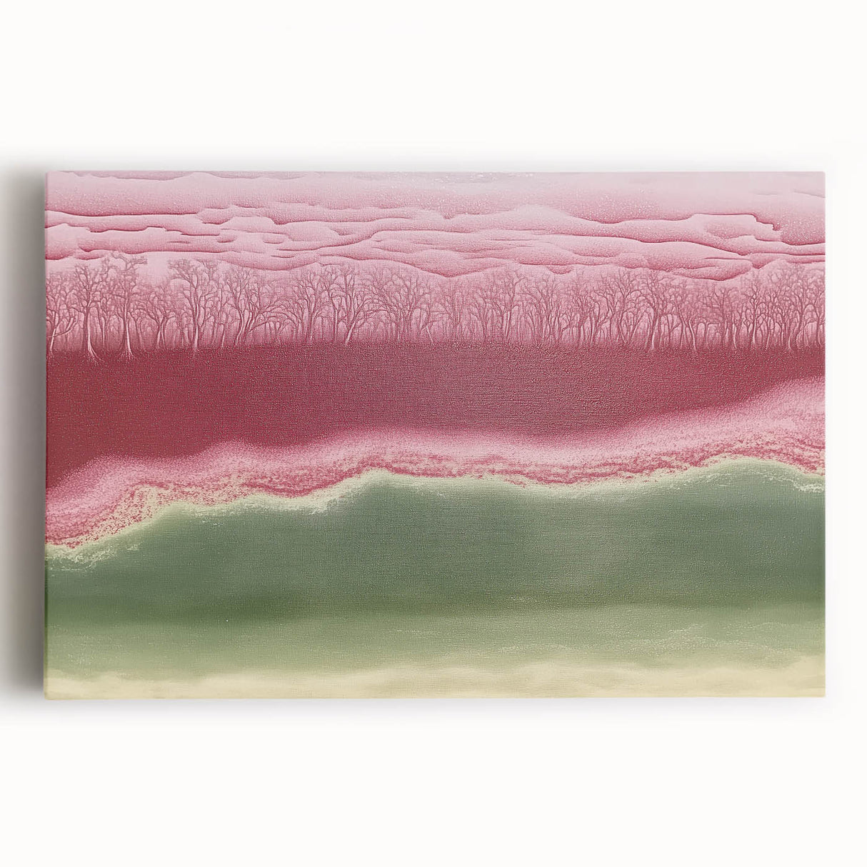 Abstract landscape stretched canvas artwork showcasing vibrant blues, greens, and earthy tones that evoke a serene natural scene, perfect for modern decor.