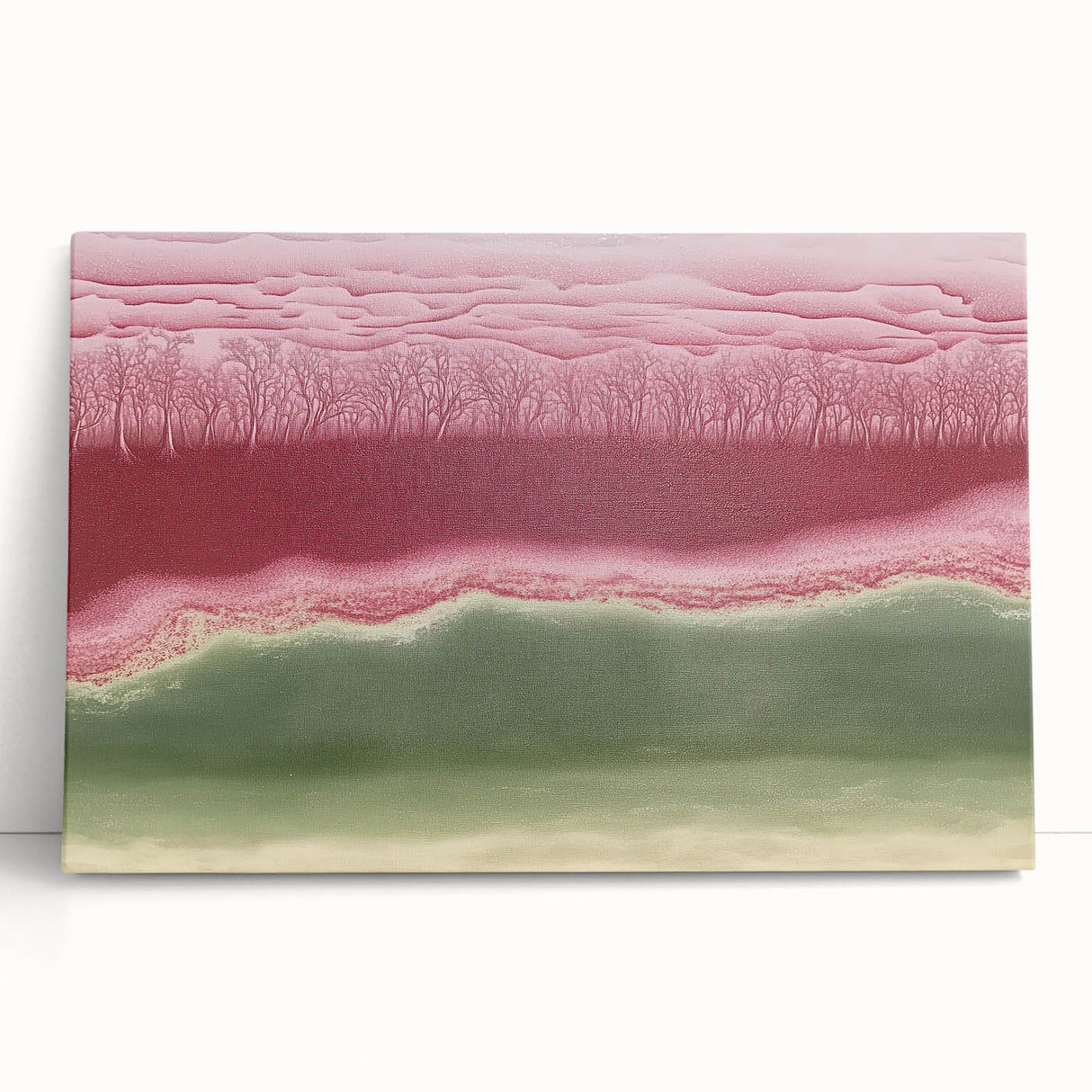 Abstract landscape stretched canvas art featuring vibrant blue and green hues, leaning against a minimalist wall, ideal for modern home decor. The piece captures an ethereal natural scene, enhancing any living space with its serene and stylish aesthetic.