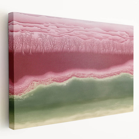 Abstract landscape stretched canvas artwork showcasing vibrant colors and fluid shapes, ideal for modern home decor. Side view highlights the canvas texture and depth, enhancing artistic appeal. Perfect for adding a contemporary touch to any room.
