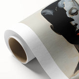 Abstract minimalist wall art on rolled canvas, featuring soft earth tones and geometric shapes, elegantly packaged in a protective cardboard tube for shipping.