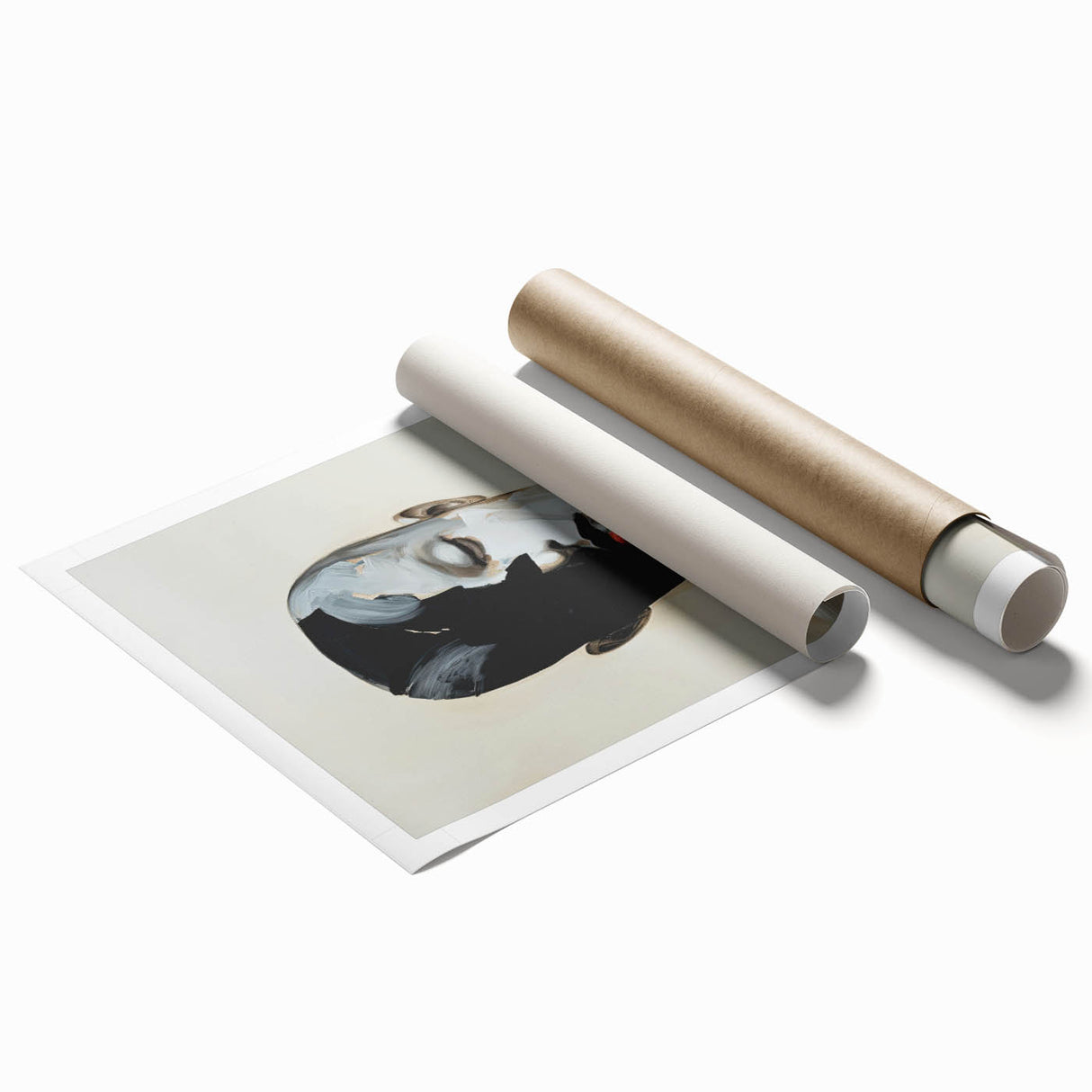 Abstract minimalist wall art print showcasing soft pastel colors and geometric shapes, elegantly rolled and packaged in a protective cardboard tube for easy display.
