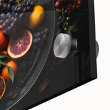Large abstract wall art featuring assorted fruits in vibrant colors on acrylic glass, ideal for dining room art.