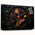 Large abstract wall art depicting assorted fruits in vibrant colors on acrylic glass, suitable for dining room decor.