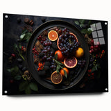 Large abstract wall art depicting assorted fruits in vibrant colors on acrylic glass, suitable for dining room decor.