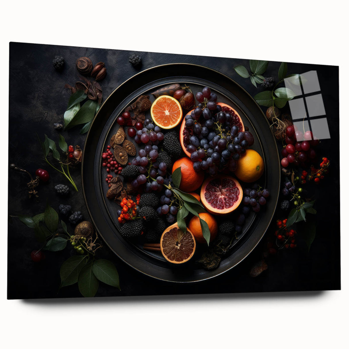 Large abstract wall art on acrylic glass depicting vibrant fruits, ideal for dining room or bedroom decor.
