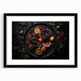 Extra large abstract art print featuring a colorful array of fruits on a textured canvas, framed in black.