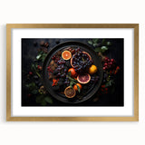 Extra large wall art featuring an abstract design of vibrant fruits in textured colors, framed in gold.