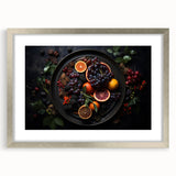 Textured art print featuring an abstract design of vibrant fruit motifs in a silver frame, ideal for bedroom art.