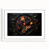 Abstract art print of assorted fruits in vibrant colors, framed with a white mat, ideal for dining room decor.