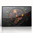 Large abstract wall art featuring assorted fruits in vibrant colors on a black acrylic framed print.