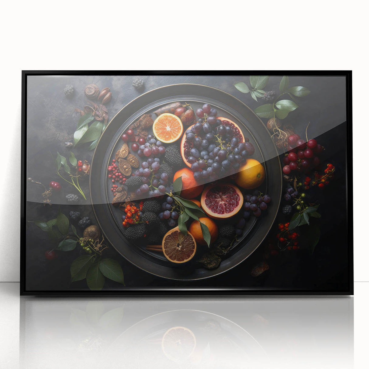 Large abstract wall art featuring assorted fruits in vibrant colors on a black acrylic framed print.