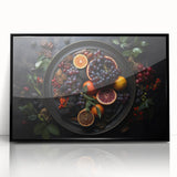 Large abstract wall art featuring assorted fruits in vibrant colors on a black acrylic framed print.