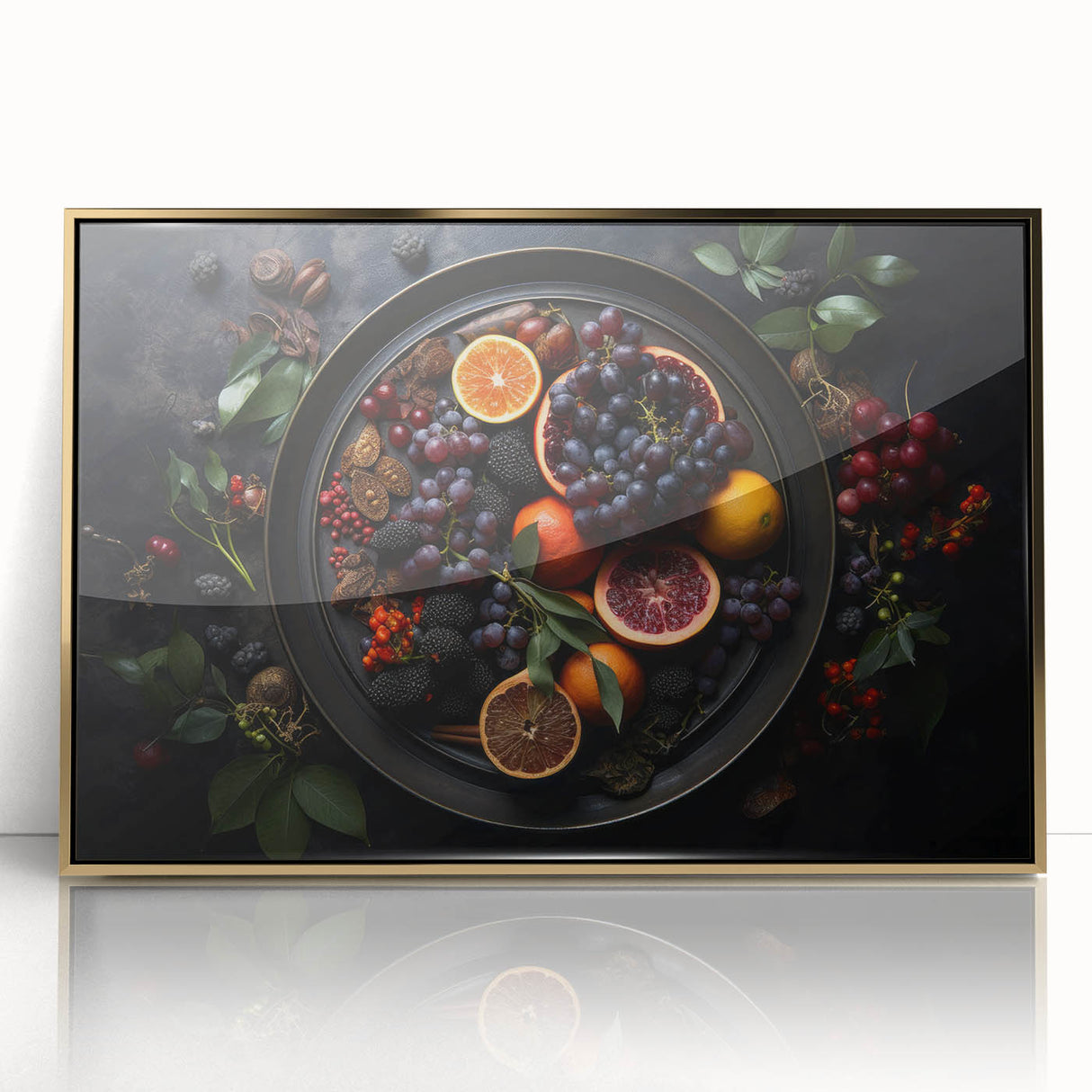 Large acrylic print featuring assorted fruits in mid-century modernist style with vibrant colors, ideal for nursery wall art.