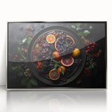 Mid-century modernist art featuring an array of fruits in vibrant colors on a framed acrylic silver.