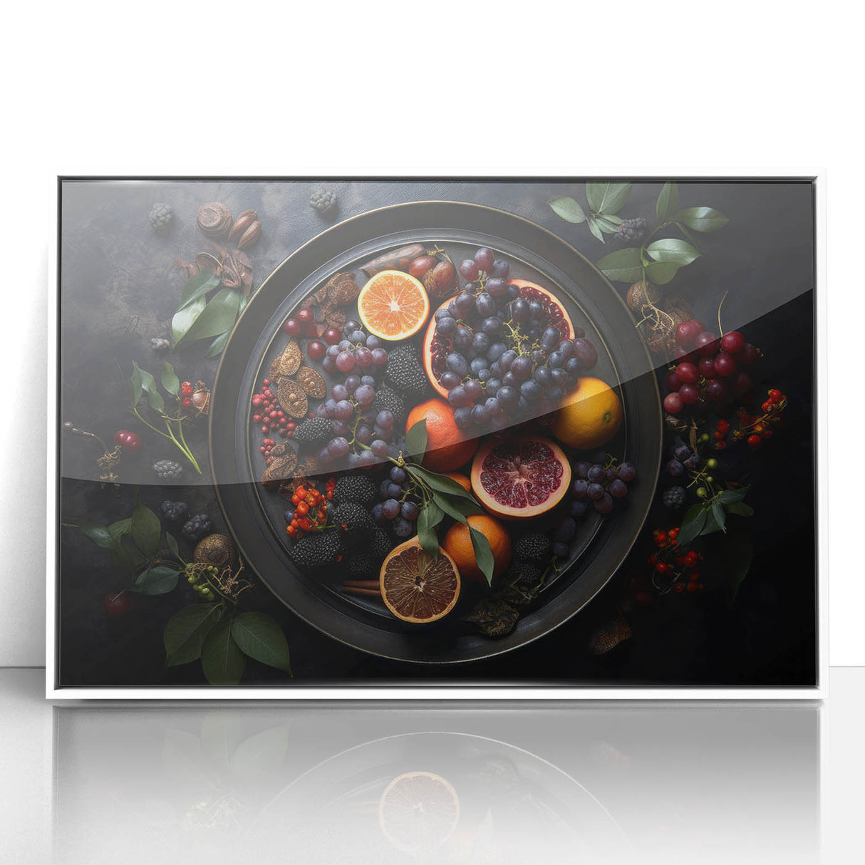 Art deco poster featuring an array of stylized fruits in bold colors on a white acrylic frame, suitable for nursery wall art.