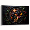 Black and white vintage poster art featuring a landscape with fruit motifs, framed canvas, ideal for bedroom decor.