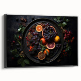 Black and white vintage poster art featuring a landscape with fruit motifs, framed canvas, ideal for bedroom decor.