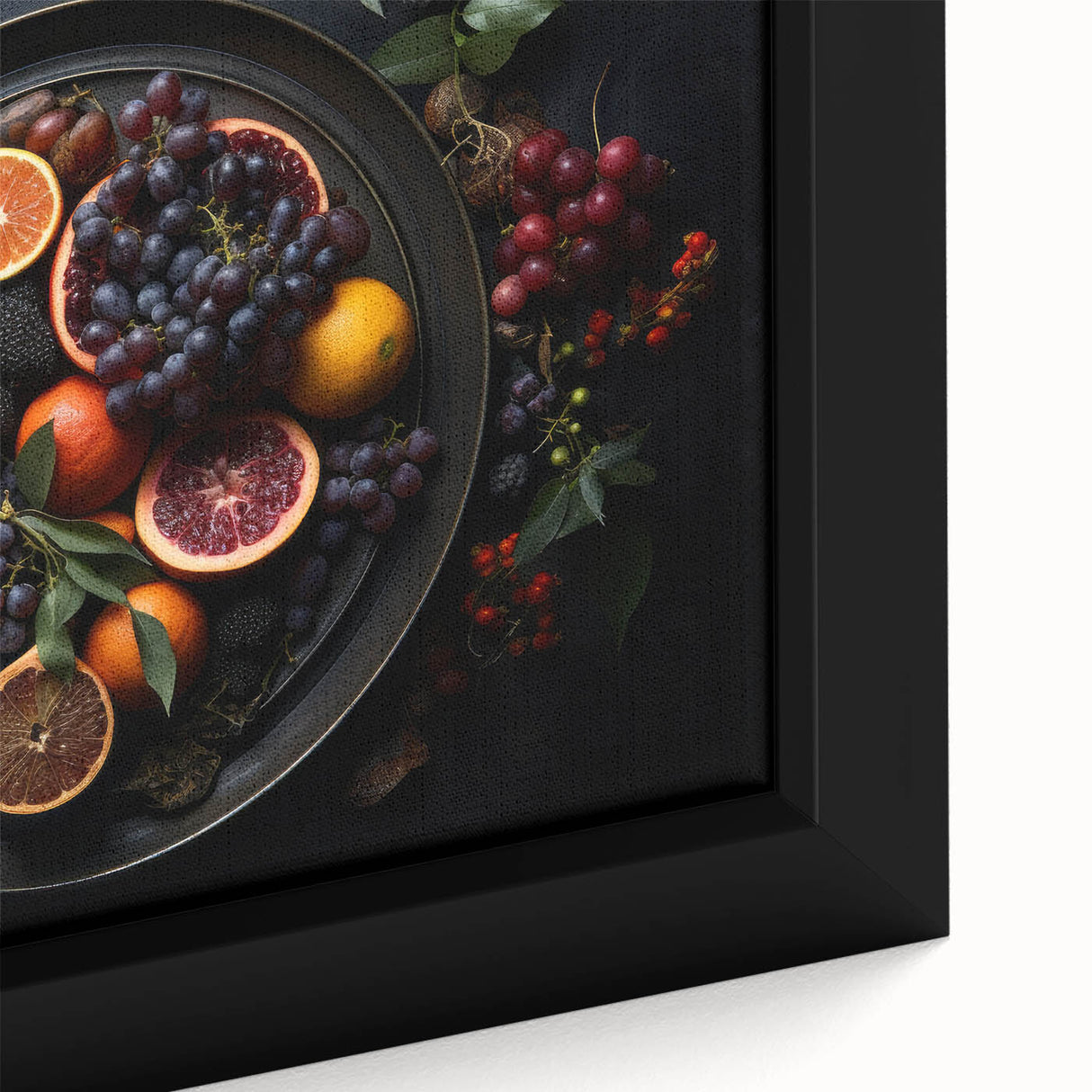 Extra large black wall art featuring a colorful, textured array of fruits on framed canvas, ideal for living room decor.