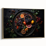 Framed canvas wall art depicting a vintage fruit poster in muted gold and black tones, ideal for bedroom decor.