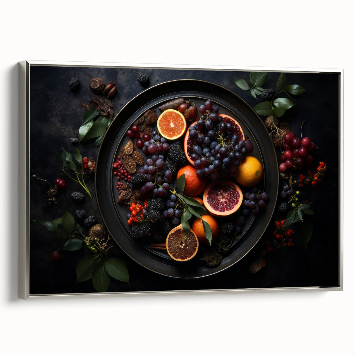 Landscape art painting featuring vibrant fruit designs on a black background, framed canvas, ideal for kitchen wall decor.